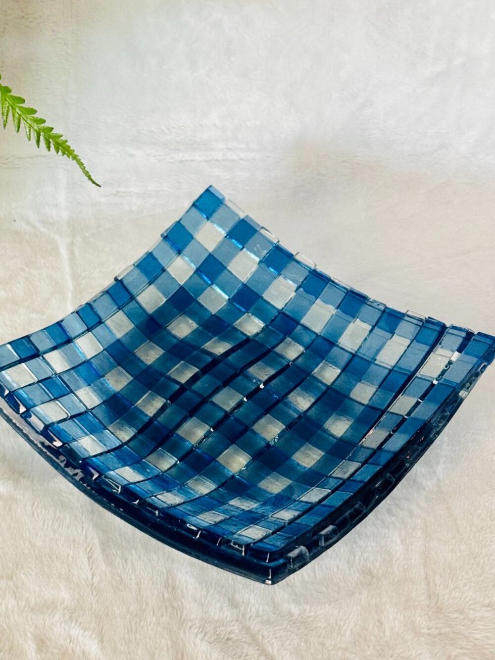 Handmade Fused Glass Art Square Trinket Plate 6.25" Blue Clear Basket Weave Tray